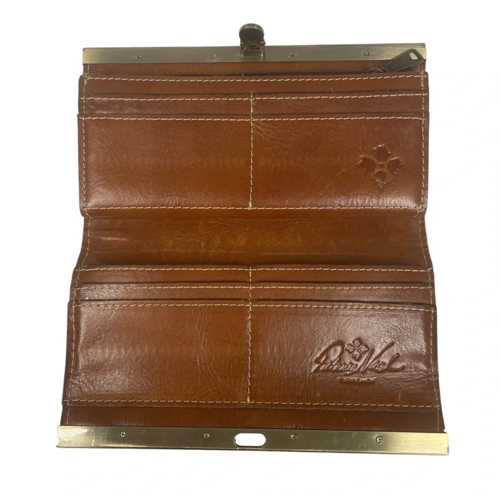 Patricia Nash Cauchy Metal Frame Wallet Woven Leather Cognac Brown